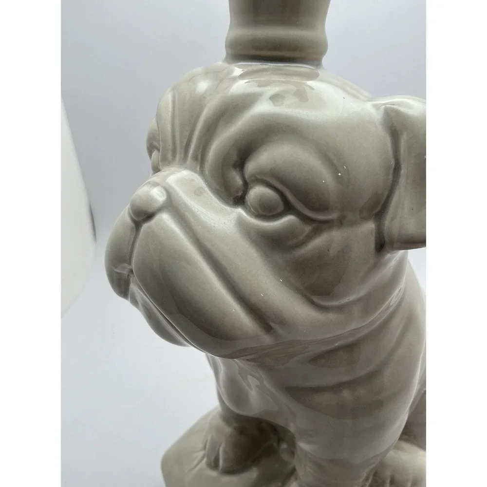 Ceramic British Bulldog with Crown Sitting On A Cushion, Glossy,‎ Light Gray